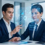 Zwei Fachkräfte im Büro interagieren mit einem holografischen KI-Wissensassistenten