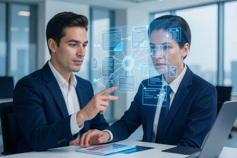Zwei Fachkräfte im Büro interagieren mit einem holografischen KI-Wissensassistenten