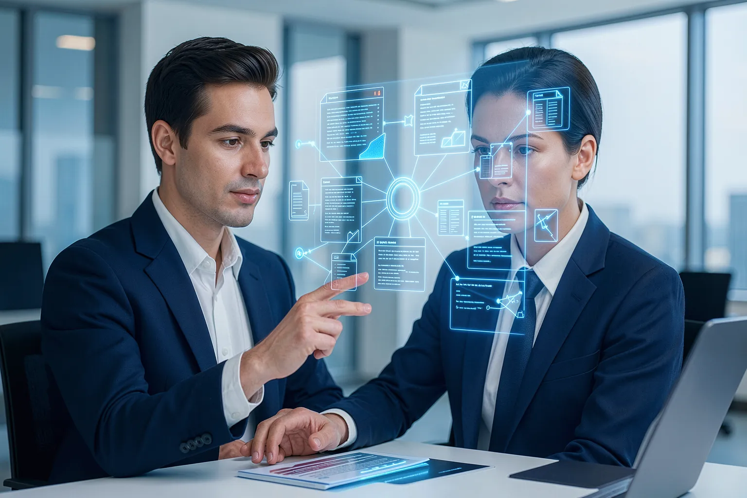 Zwei Fachkräfte im Büro interagieren mit einem holografischen KI-Wissensassistenten