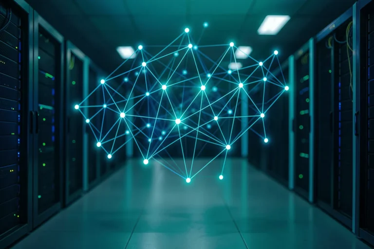 Wissensgraph-Netzwerk über Unternehmensservern als Symbol für GraphRAG