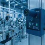Edge-KI in einer modernen Fertigungshalle: kompakter KI-Rechner und Industriekamera an der Produktionslinie