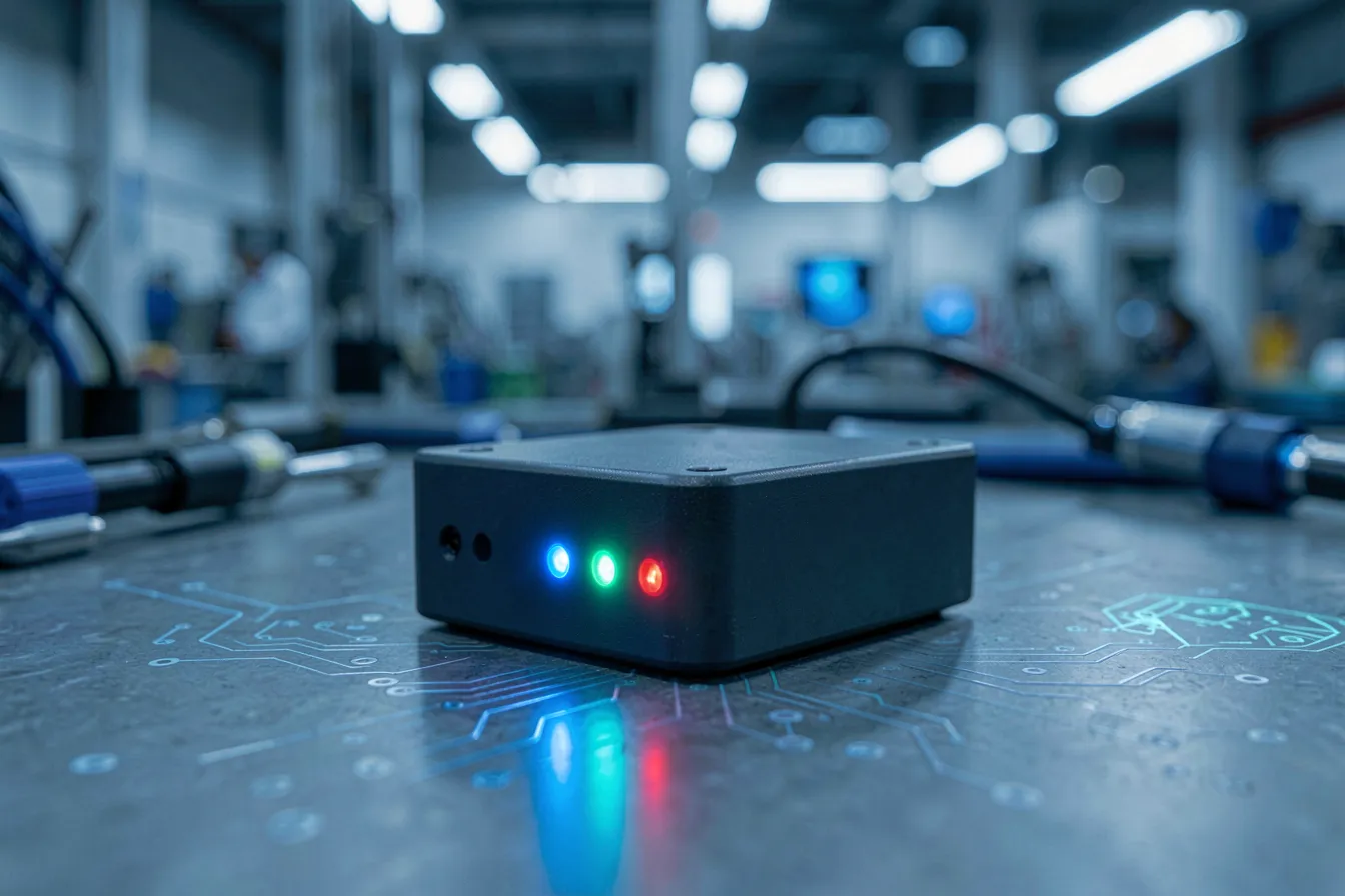 Kompaktes Edge-KI-Gerät mit Status-LEDs auf einer Werkbank in der Fertigung