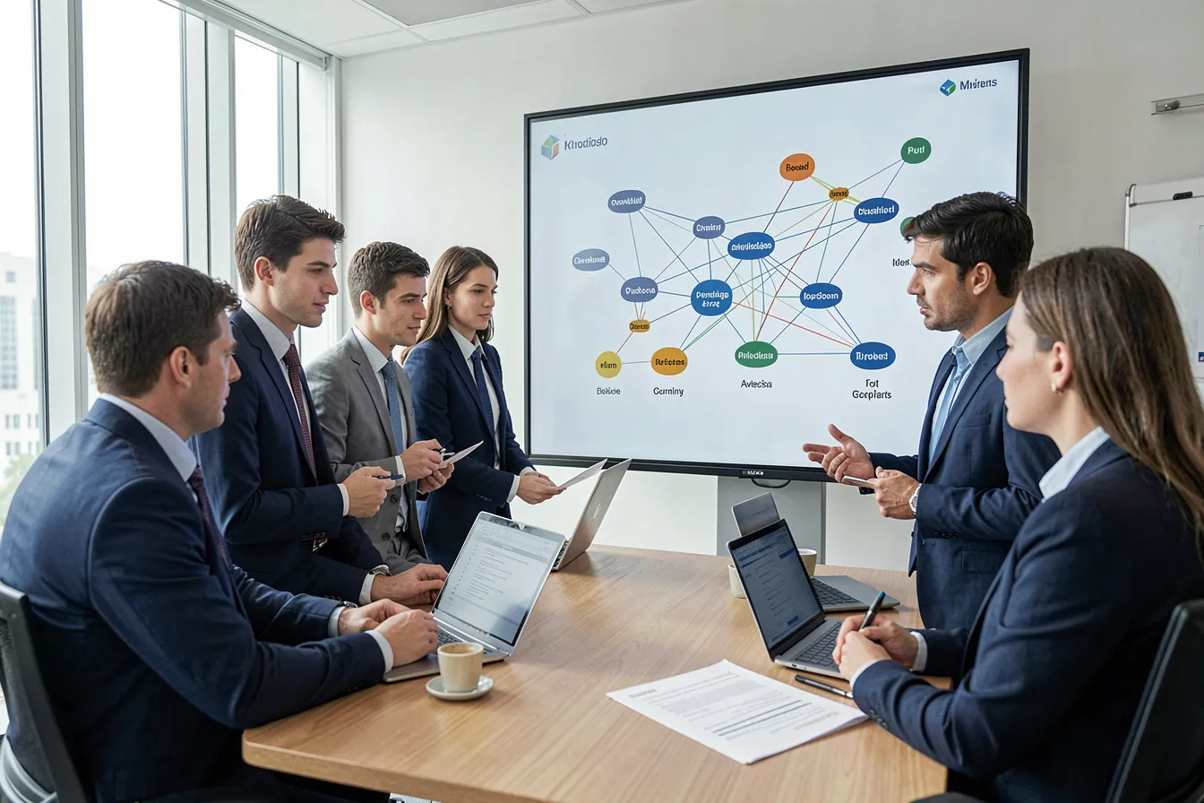 Team analysiert einen Wissensgraphen mit Entitäten und Beziehungen auf einem Bildschirm