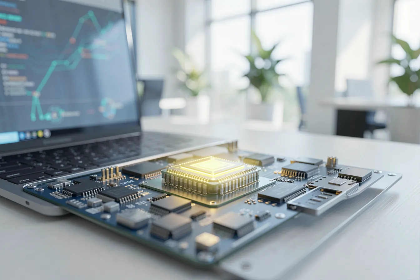 Kompaktes KI-Modell auf einem Laptop-Mainboard als Symbol fuer effiziente On-Device-Inferenz