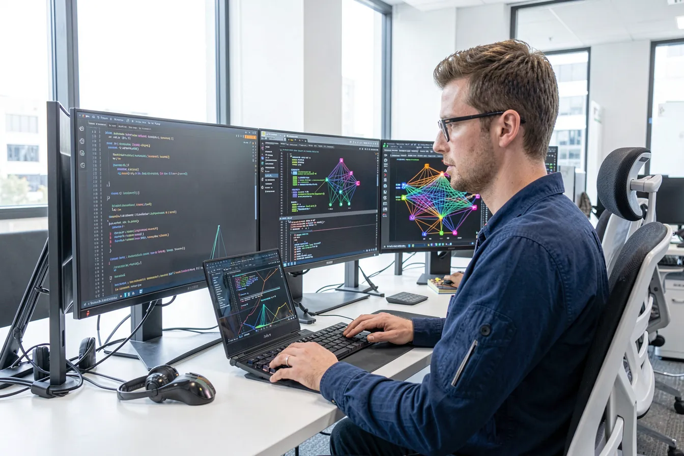 Software-Entwickler beim Fine-Tuning eines kompakten KI-Modells am Arbeitsplatz