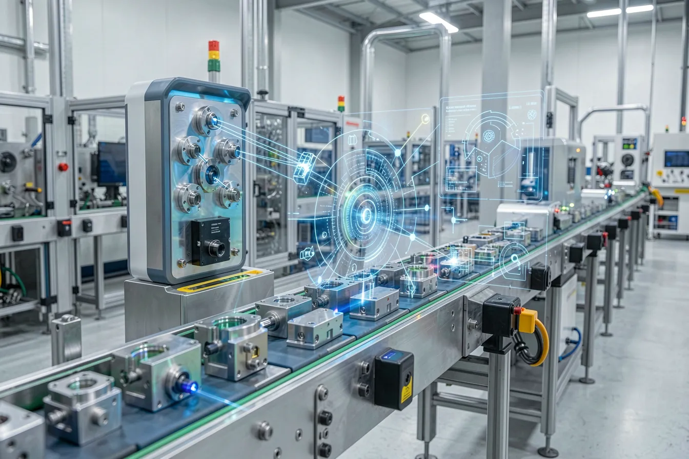 Industriekamera prüft Bauteile auf einem Förderband in Echtzeit