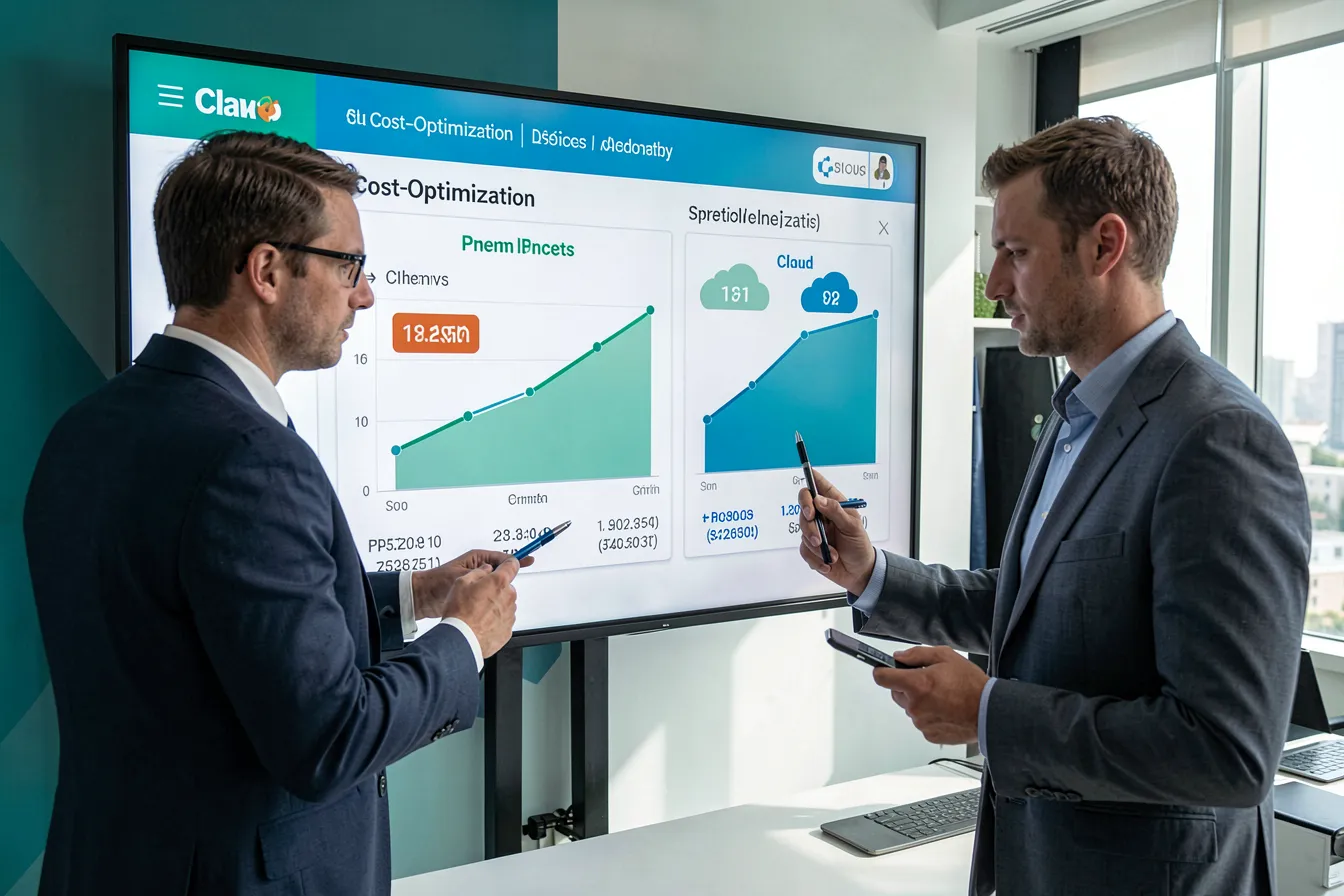 Zwei IT-Fachkraefte analysieren KI-Kosten auf einem Dashboard im Vergleich On-Premises und Cloud