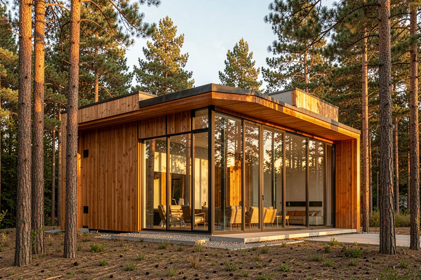 Ergebnis eines detaillierten Prompts: modernes Holz-Glas-Haus im Kiefernwald im Abendlicht