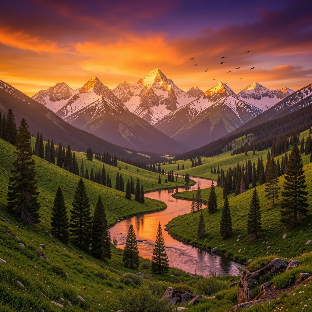 Ausgangsbild: Bergtal mit Fluss im Sommer bei Sonnenuntergang