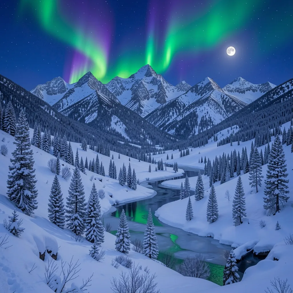 Image-to-Image Ergebnis: dieselbe Szene als verschneite Winternacht mit Polarlicht