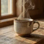 Photorealistische Kaffeetasse auf Holztisch, per Text-to-Image erzeugt