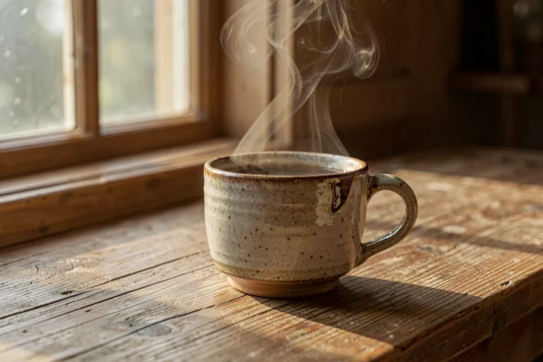 Photorealistische Kaffeetasse auf Holztisch, per Text-to-Image erzeugt