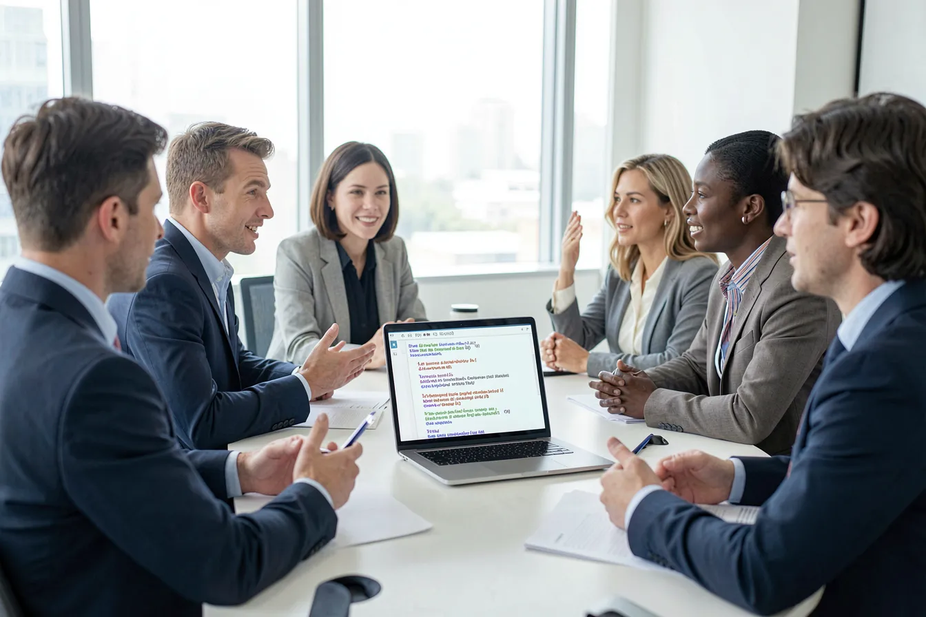 Team im Meeting, Laptop zeigt automatisch erzeugtes Transkript