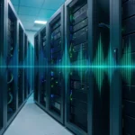 Modernes Serverraum-Rack im Unternehmen verarbeitet Audiodaten lokal zu Text