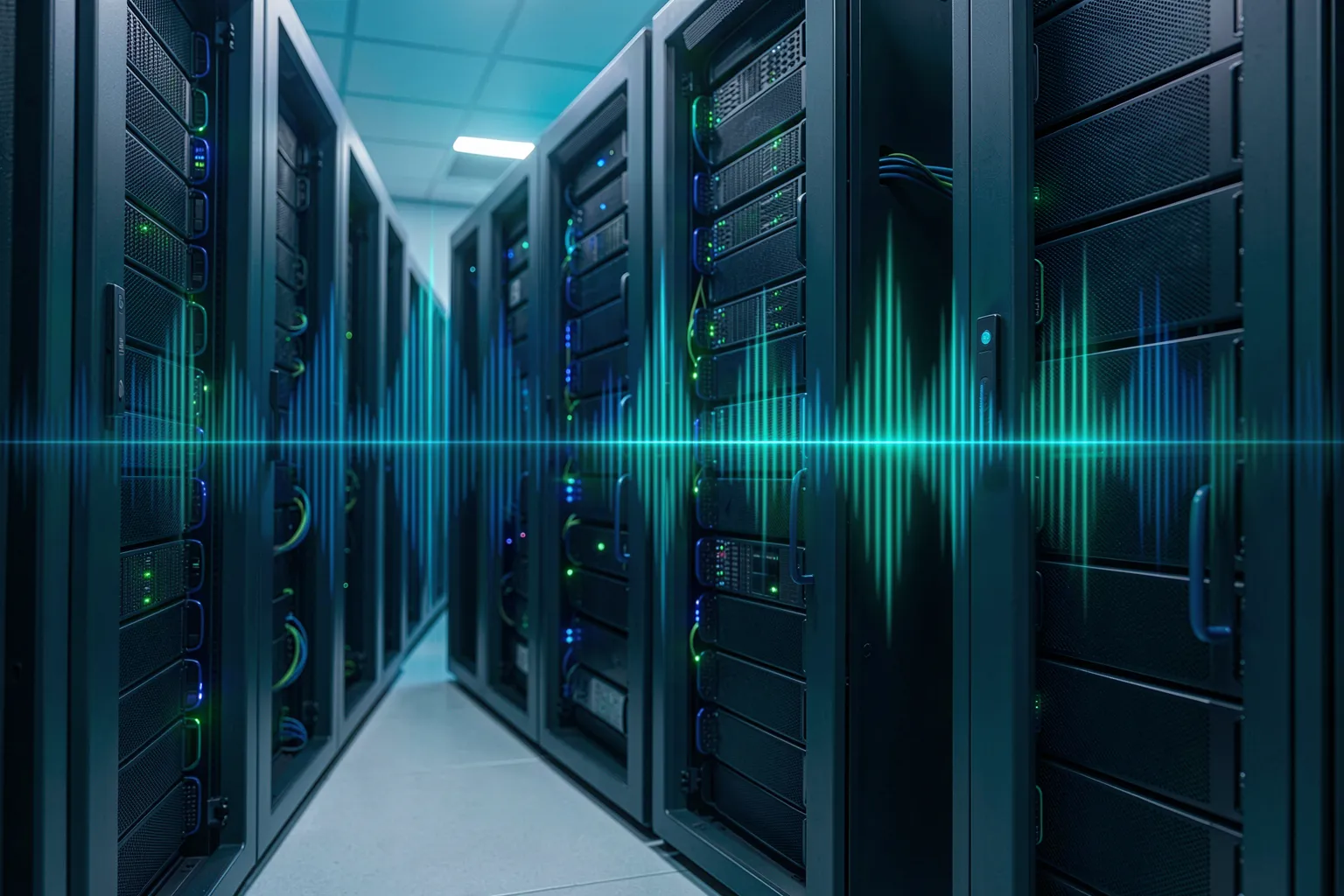 Modernes Serverraum-Rack im Unternehmen verarbeitet Audiodaten lokal zu Text