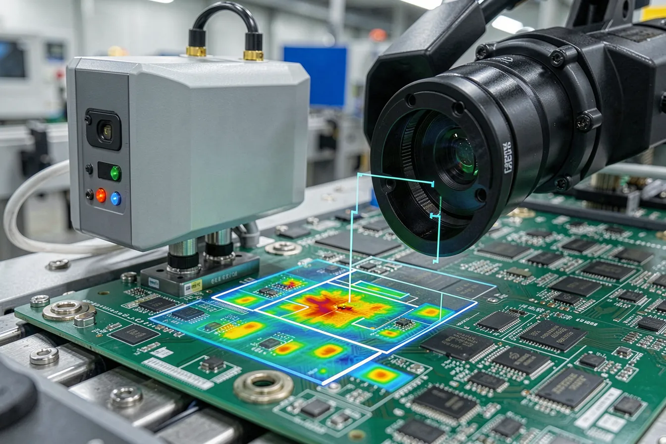 Industriekamera und Edge-KI prüfen ein Bauteil an der Fertigungslinie