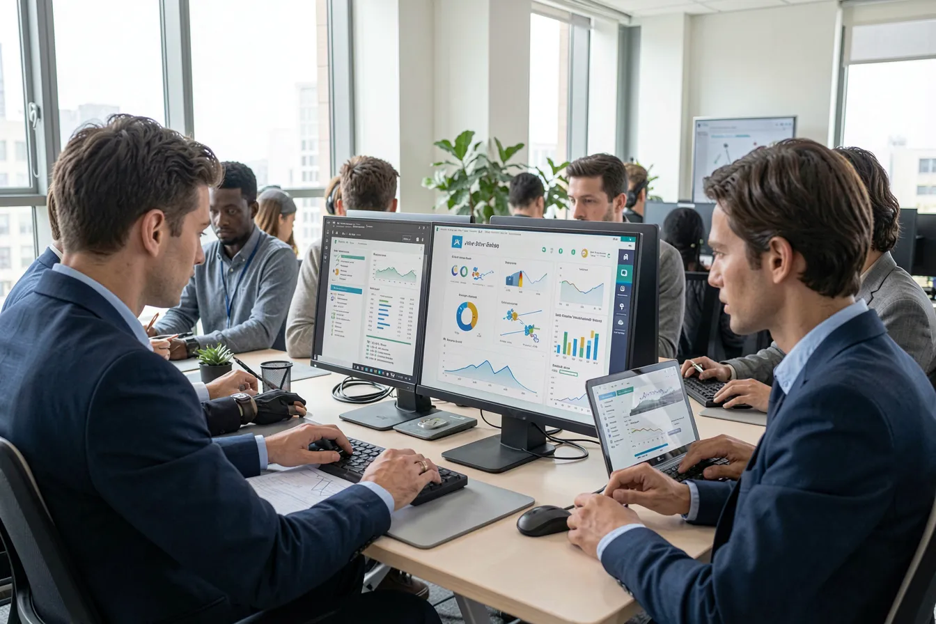Team arbeitet mit lokaler KI an modernen Arbeitsplaetzen