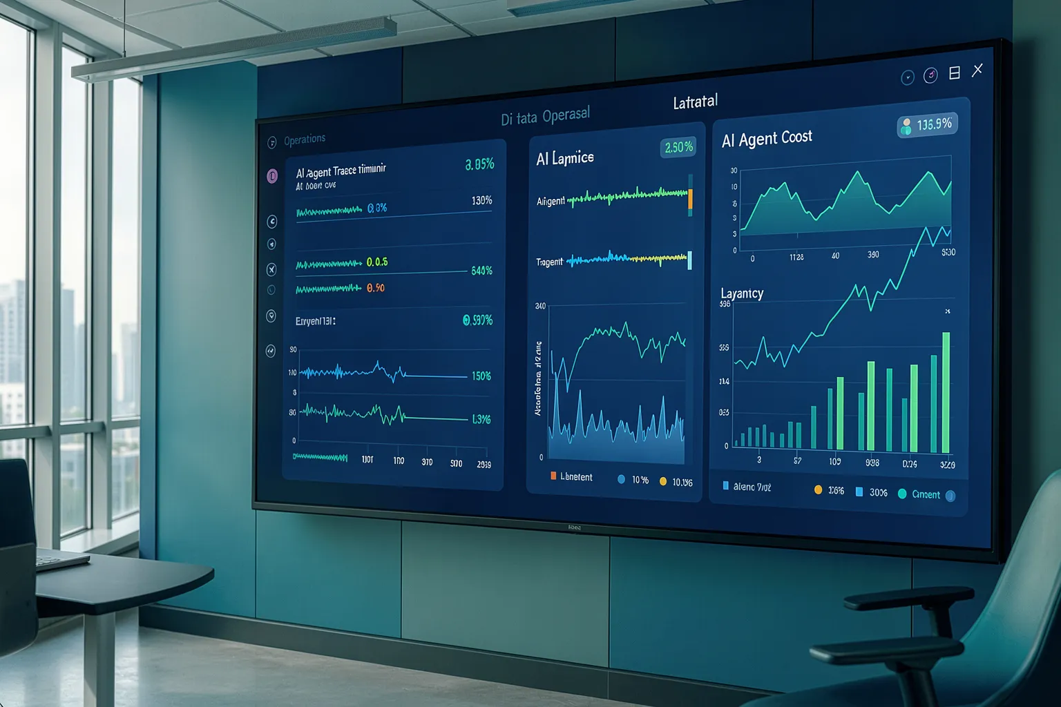 Enterprise-Kontrollraum mit Dashboards zur Überwachung von KI-Agenten in Produktion