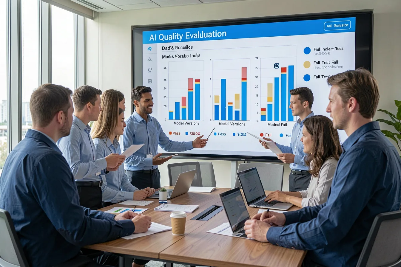 Team prüft Evaluationsergebnisse und Qualitätsvergleiche von KI-Modellversionen