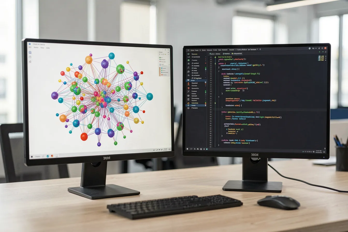 Dashboard einer Vektordatenbank mit Embedding-Clustern neben einer Code-IDE