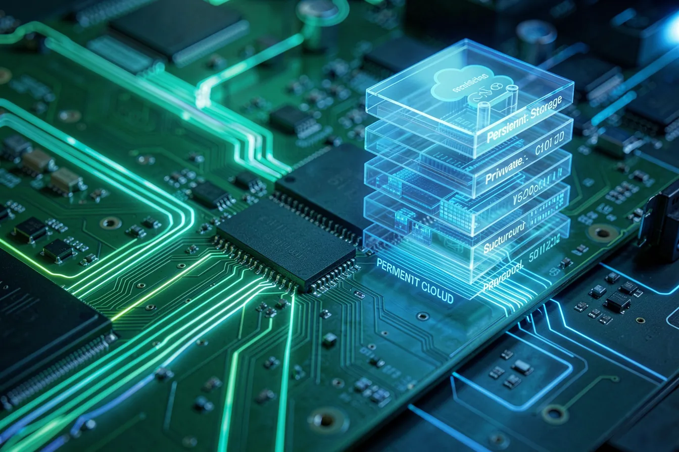 Platine mit Datenpfaden und abstraktem Speicher-Stack fuer persistenten Kontext