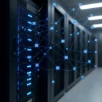 Serverschrank im Rechenzentrum mit blauem Datennetz als Sinnbild fuer persistenten KI-Speicher