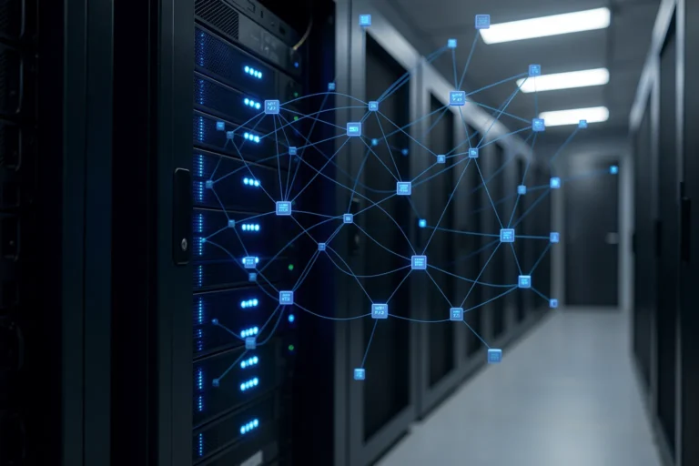 Serverschrank im Rechenzentrum mit blauem Datennetz als Sinnbild fuer persistenten KI-Speicher