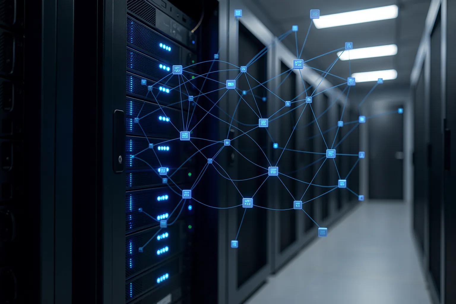Serverschrank im Rechenzentrum mit blauem Datennetz als Sinnbild fuer persistenten KI-Speicher