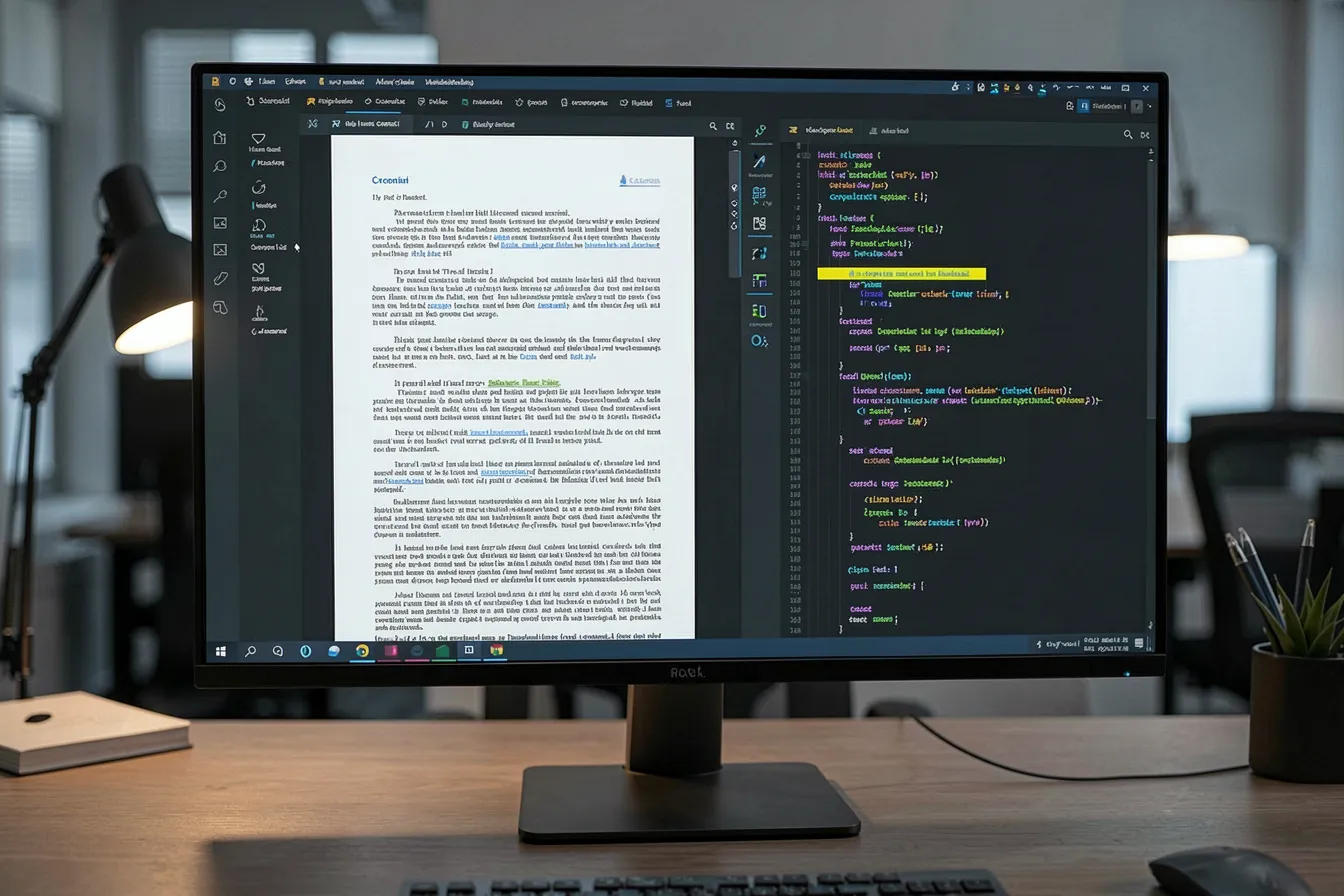 Monitor zeigt langes Vertragsdokument und Code nebeneinander