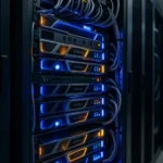 Server-Rack in einem Rechenzentrum mit blauen und orangefarbenen LEDs