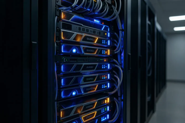 Server-Rack in einem Rechenzentrum mit blauen und orangefarbenen LEDs