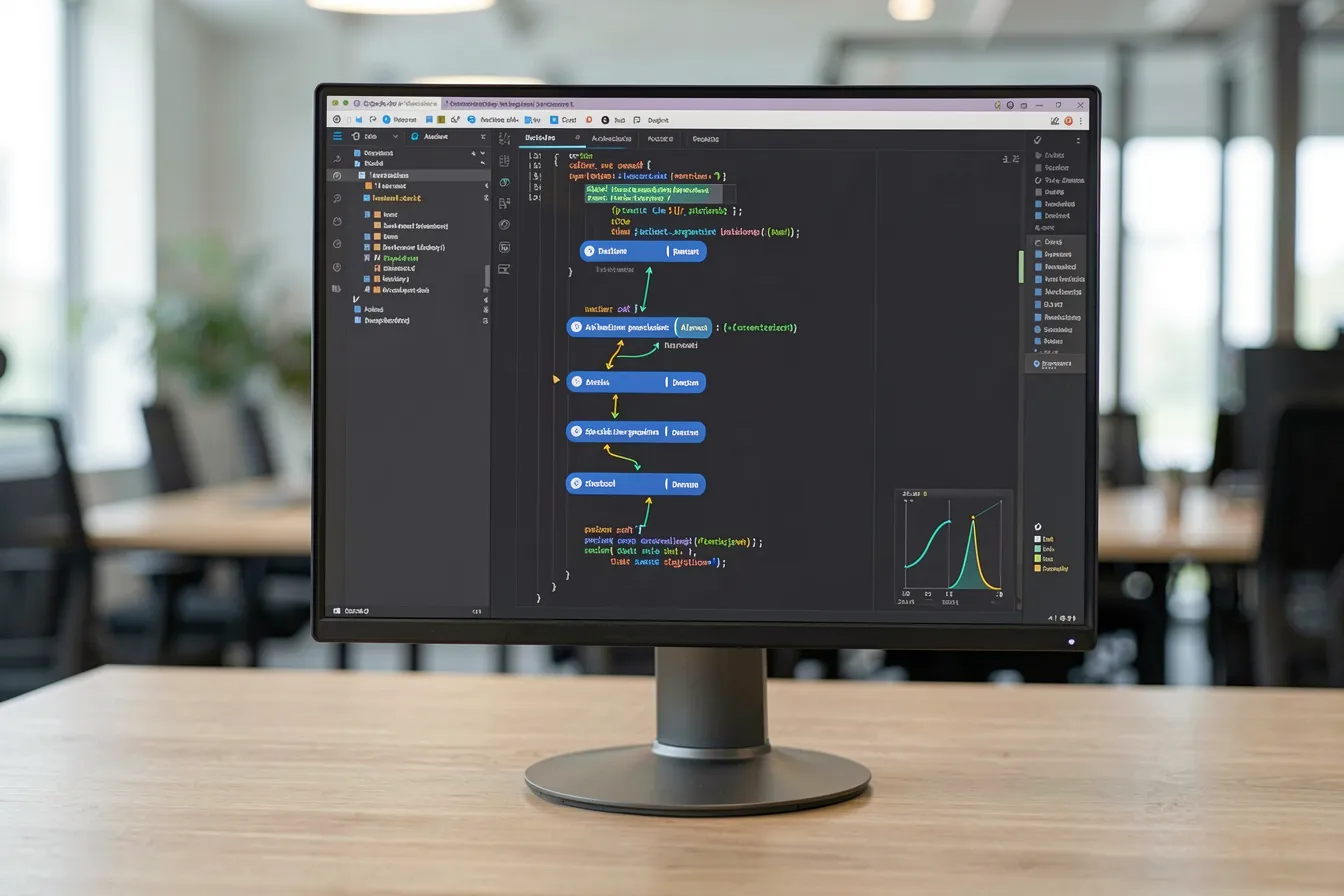 Monitor zeigt eine KI-Gedankenkette mit Entscheidungsschritten in einer Entwicklungsumgebung