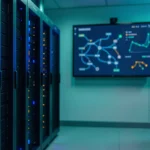 Rechenzentrum mit GPU-Servern und einem Wand-Dashboard, das eine KI-Entscheidungslogik visualisiert