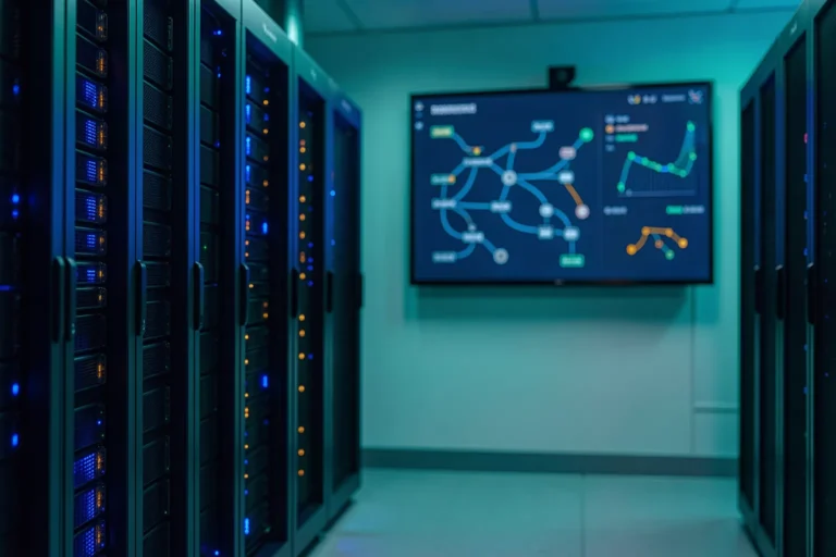Rechenzentrum mit GPU-Servern und einem Wand-Dashboard, das eine KI-Entscheidungslogik visualisiert