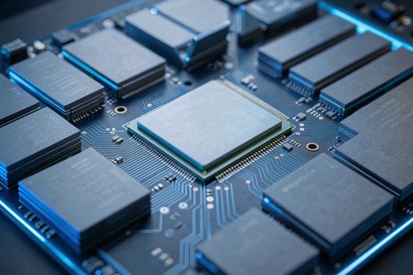 Prozessor-Chip umgeben von Speicherbausteinen als Sinnbild fuer Mixture-of-Experts-Architektur
