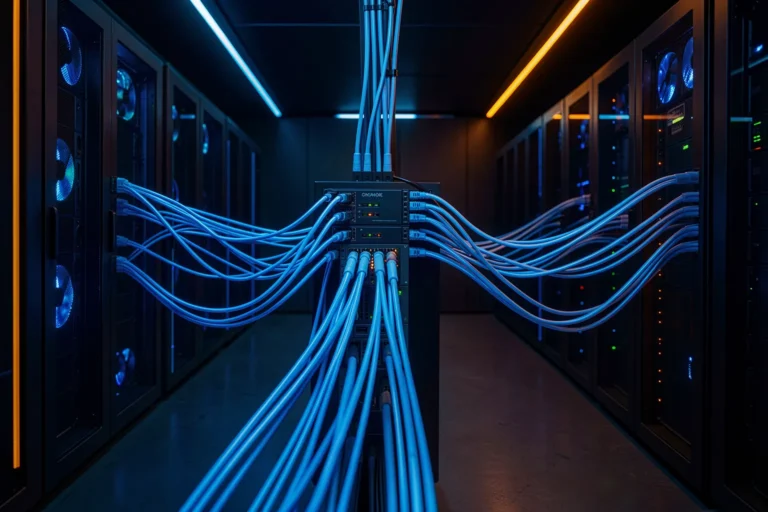 Serverraum mit zentralem Switch, der Glasfaserkabel an viele Servermodule verteilt