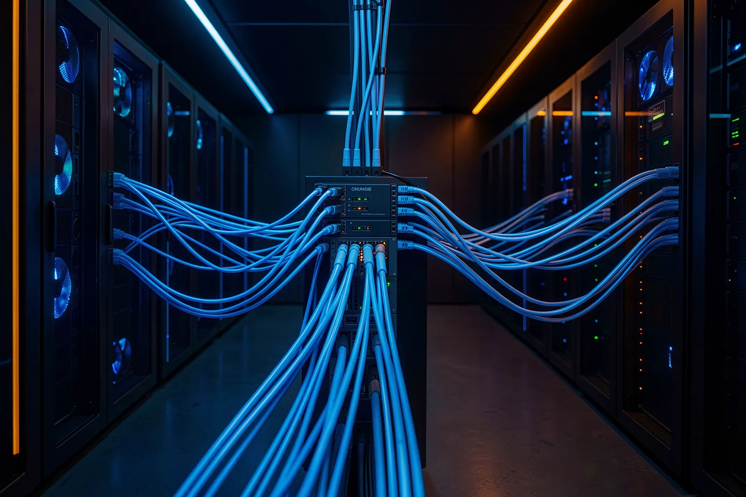 Serverraum mit zentralem Switch, der Glasfaserkabel an viele Servermodule verteilt
