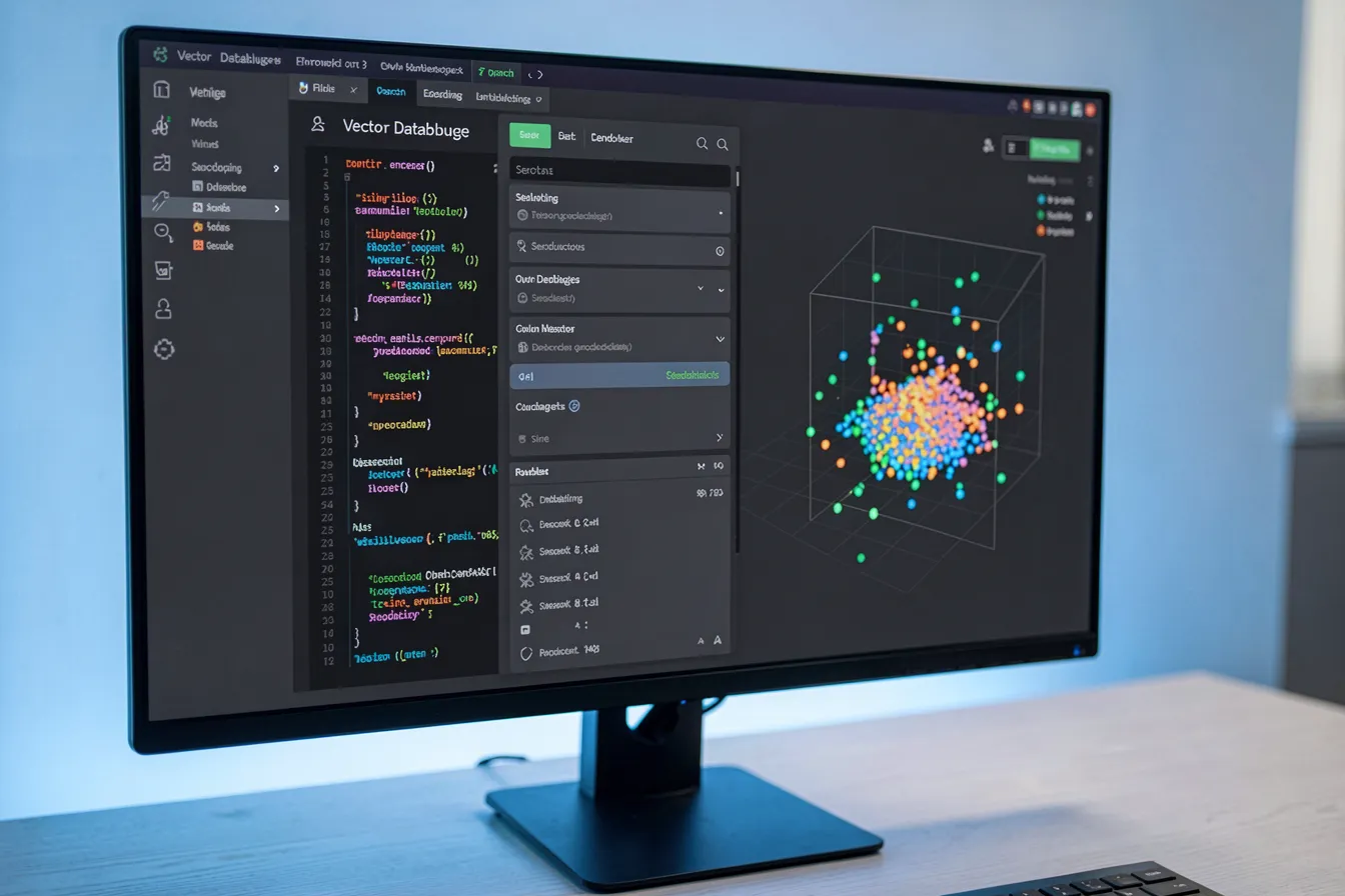 Vektordatenbank-Dashboard mit 3D-Darstellung von Embedding-Clustern auf einem Entwickler-Monitor