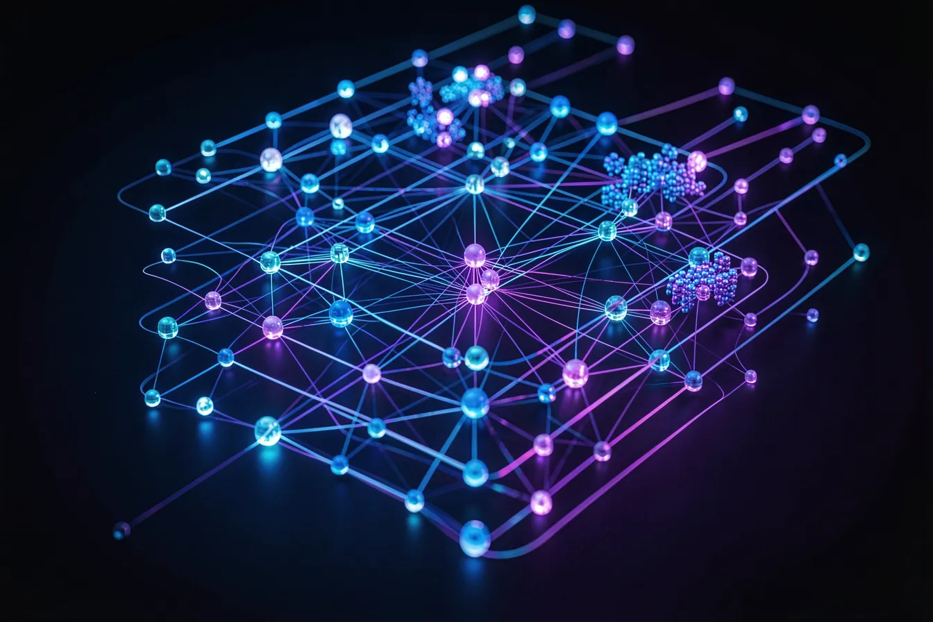 Abstrakte Visualisierung eines HNSW-Graphen mit vernetzten Knoten fuer die Naechste-Nachbarn-Suche