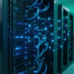 On-Premise-Serverschrank in einem Rechenzentrum mit blauer Vektorgraph-Ueberlagerung
