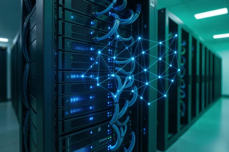 On-Premise-Serverschrank in einem Rechenzentrum mit blauer Vektorgraph-Ueberlagerung