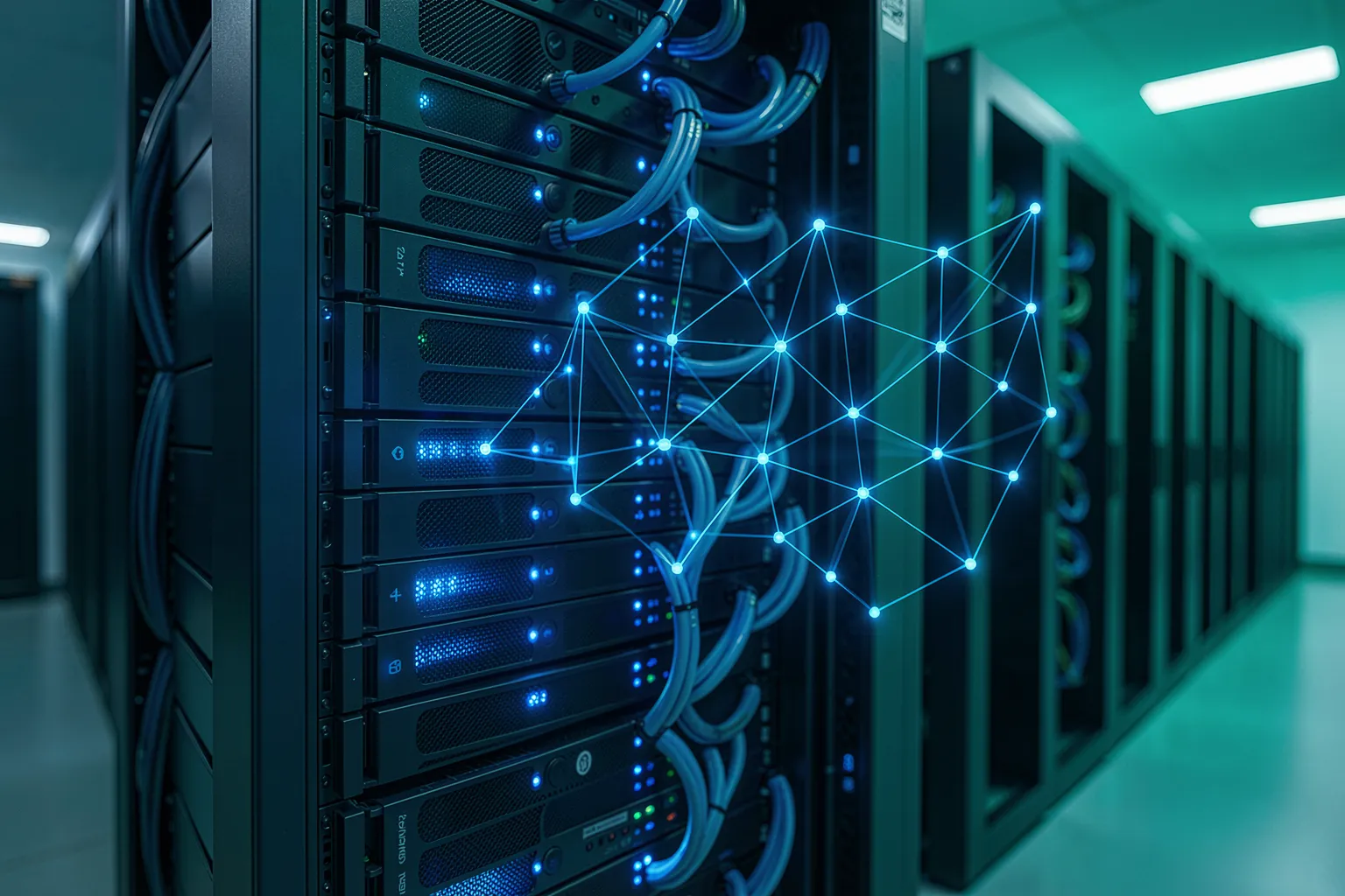 On-Premise-Serverschrank in einem Rechenzentrum mit blauer Vektorgraph-Ueberlagerung
