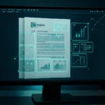 Monitor zeigt eine PDF-Seite mit Vektor-Overlay fuer visuelles Dokumenten-RAG ohne OCR