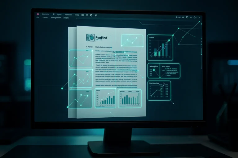 Monitor zeigt eine PDF-Seite mit Vektor-Overlay fuer visuelles Dokumenten-RAG ohne OCR