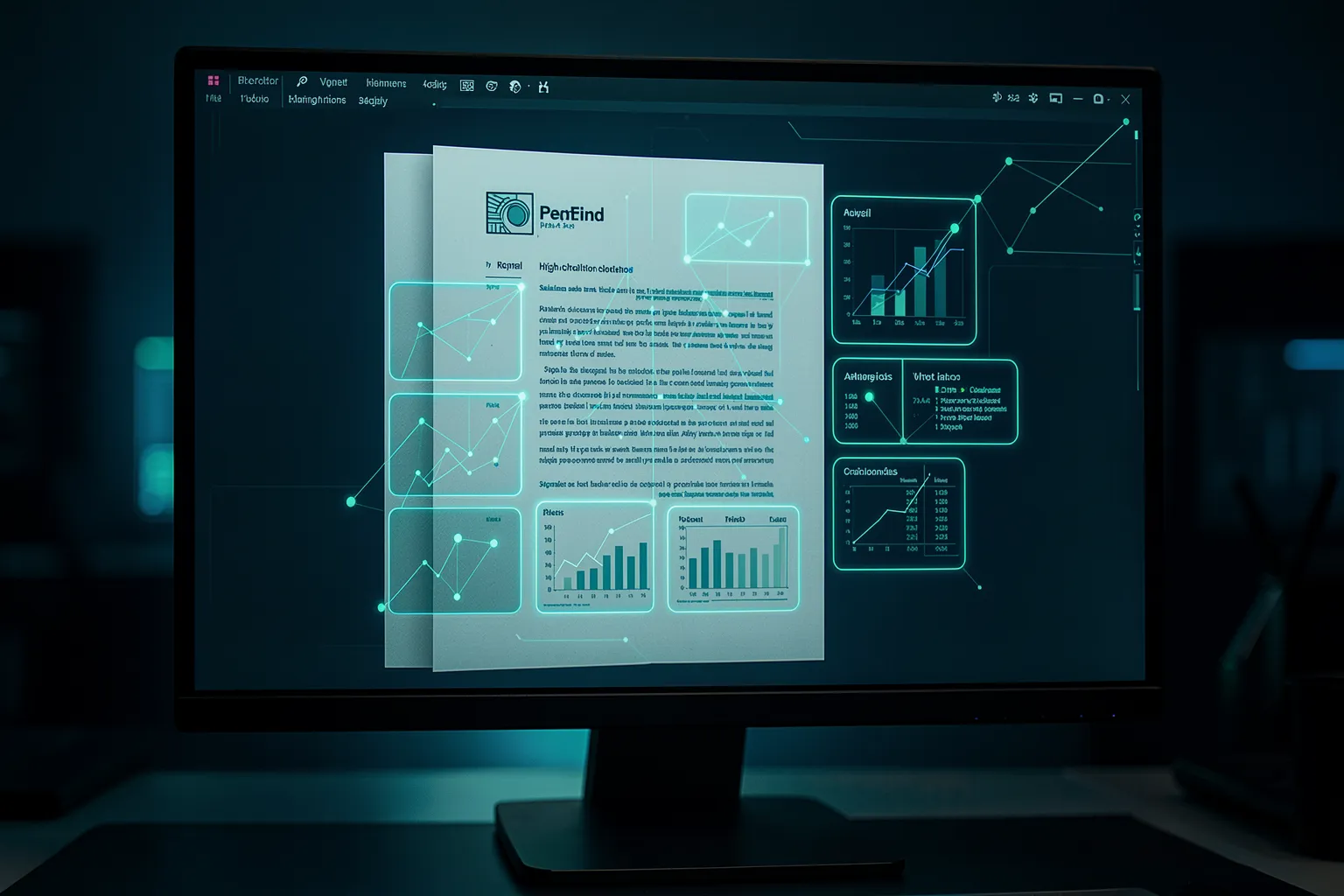 Monitor zeigt eine PDF-Seite mit Vektor-Overlay fuer visuelles Dokumenten-RAG ohne OCR