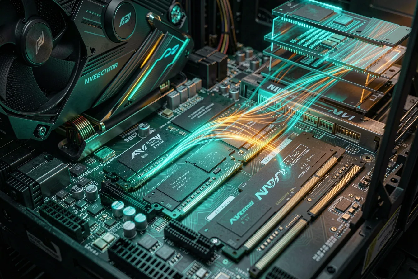 Speichermodule und NVMe-SSD auf einer Serverplatine mit visualisiertem Datenfluss zwischen GPU-Speicher und RAM