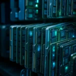 Server-Rack mit GPU-Beschleunigern und Speichermodulen in einem Rechenzentrum