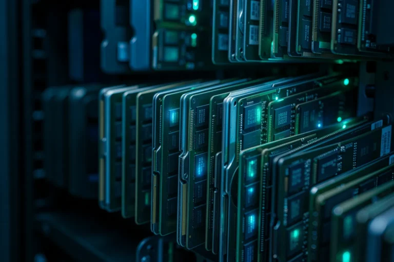 Server-Rack mit GPU-Beschleunigern und Speichermodulen in einem Rechenzentrum