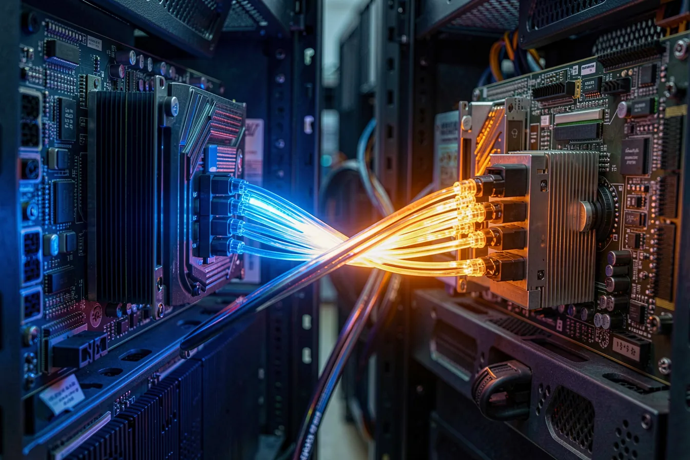 Zwei getrennte GPU-Rechenknoten, verbunden durch eine leuchtende Glasfaser
