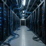 Rechenzentrum mit zwei Reihen GPU-Serverracks für verteilte KI-Inferenz